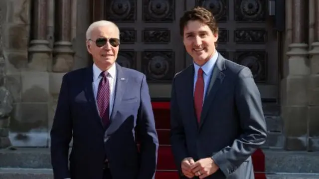 U.S. President Joe Biden is greeted by Canada's Prime Minister Justin Trudeau on Parliament Hill in Ottawa, Ontario,