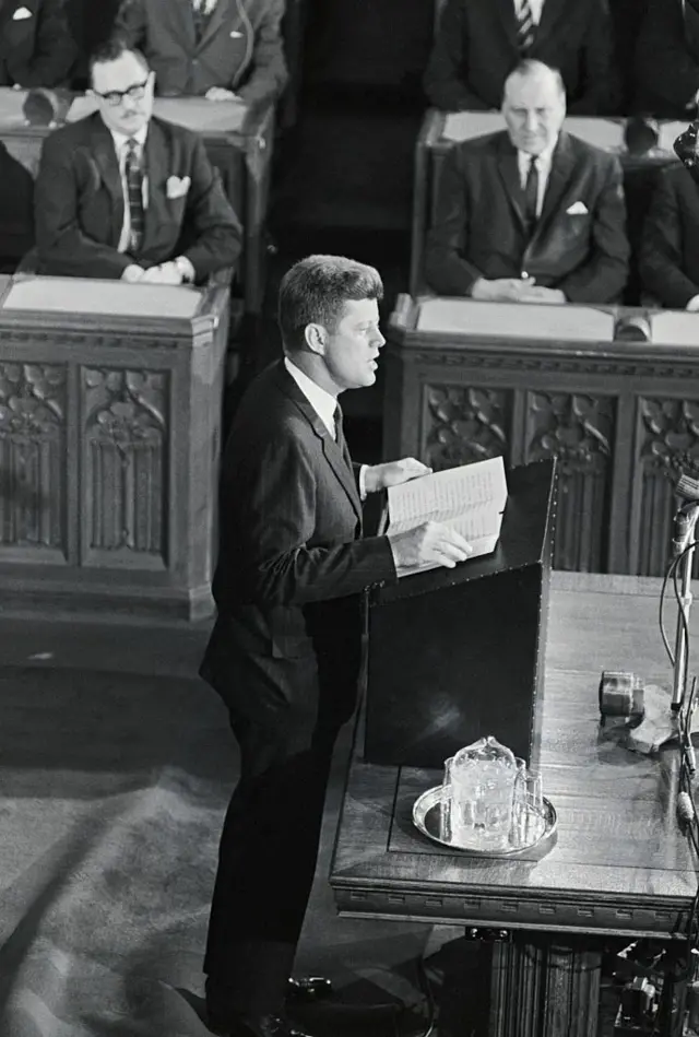 President John F Kennedy addresses members of the Canadian parliament in 1970