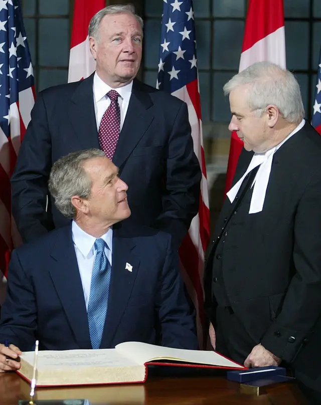 President George W. Bush, Canadian Prime Minister Paul Martin (back) and Speaker of the House Peter Milliken (right) in 2004 in Ottawa, Canada.