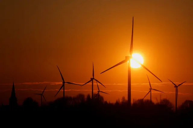 Wind turbines against a sunset backdrop