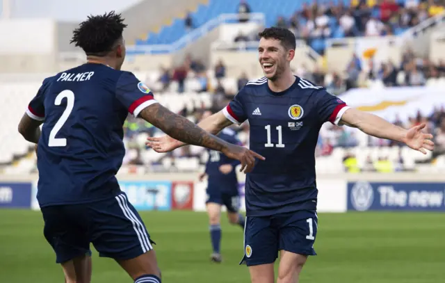 Scotland players Liam Palmer and Ryan Christie celebrating in 2019