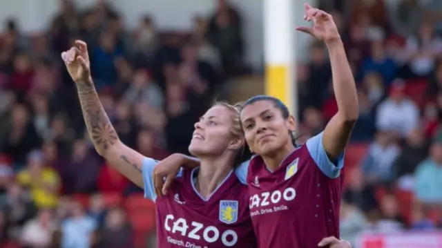 Rachel Daly celebrates scoring for Aston Villa with Kenza Dali