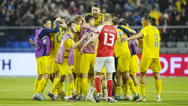 Kazakhstan celebrate beating Denmark