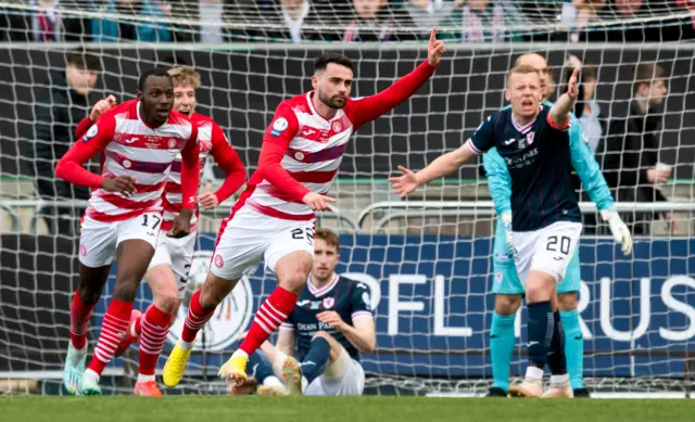 Regan Tumilty celebrates making it 1-0 Hamilton during the SPFL Trust Trophy final between Raith Rovers and Hamilton Academical at the Falkirk Stadium