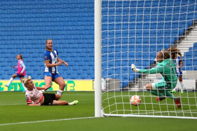 Reading goalkeeper Grace Moloney denies Brighton's Elisabeth Terland during September's Women's Super League meeting at Amex Stadium
