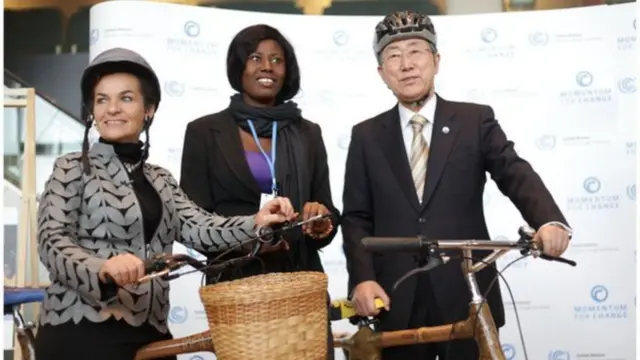 Christiana Figueres at climate talks in Warsaw with former UN secretary general Ban Ki-moon