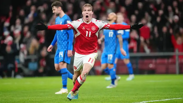 Rasmus Hojlund celebrates his hat-trick