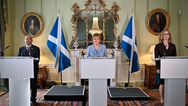 Nicola Sturgeon announced the SNP-Greens partnership agreement at Bute House, alongside Patrick Harvie and Lorna Slater