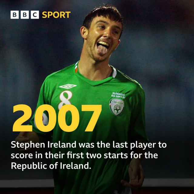 Stephen Ireland celebrates scoring against Slovakia in 2007 in a Euro 2008 Qualifier.