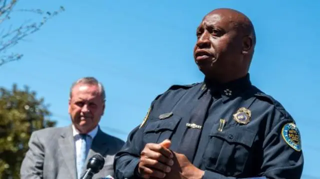 Metro Nashville Police Department Chief John Drake (R) and Nashville District Attorney Glenn Funk (L) brief the media on the scene outside the Covenant School, Covenant Presbytarian Church