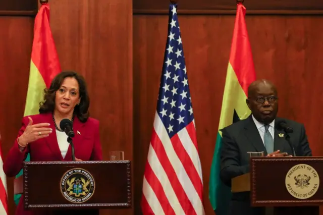 US Vice President Kamala Harris (L) speaks during a press conference with President of Ghana Nana Akufo-Addo (R)