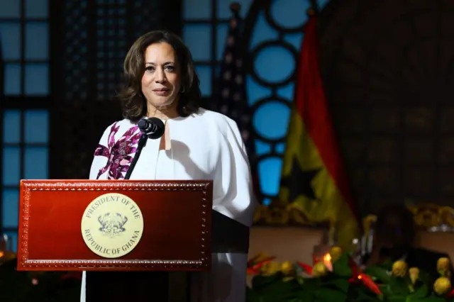 US Vice President Kamala Harris speaks at the state banquet at the Jubilee House in Accra, Ghana, on March 27, 2023.