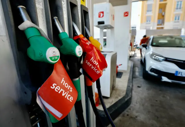 Out of order signs on gas pumps in the French city of Nice