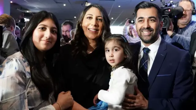 Humza Yousaf with his wife Nadia El-Nakla, daughter Amal, and step-daughter