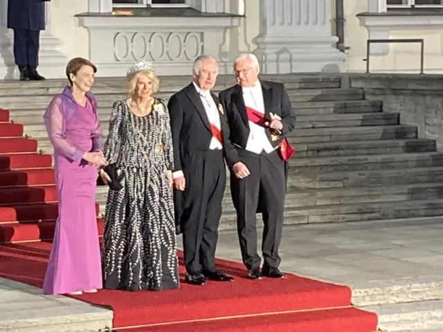 King Charles and Camilla, the Queen Consort, are on the red carpet alongside German President Frank-Walter Steinmeier and his wife.