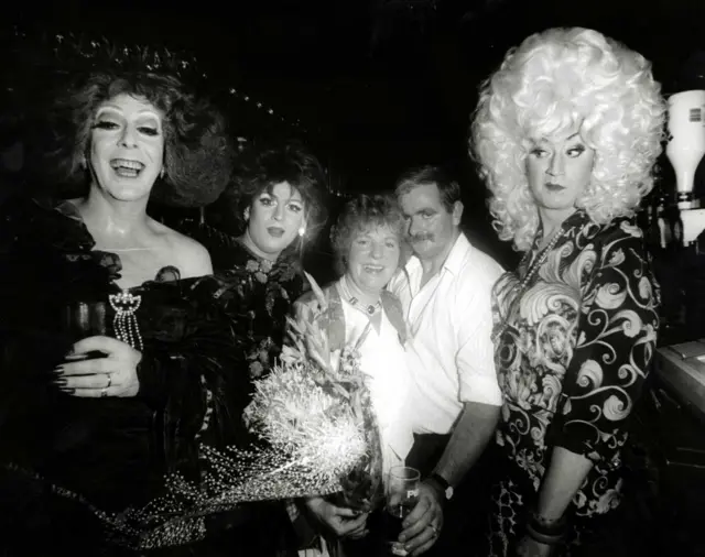 Pat and Breda McConnon, owners of the Royal Vauxhall Tavern, pictured with Regina Fong, Adrella and Lily Savage in 1993.