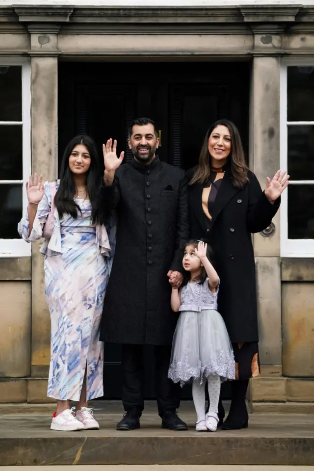 Humza Yousaf with his wife Nadia El-Nakla, daughter Amal, and step-daughter Maya