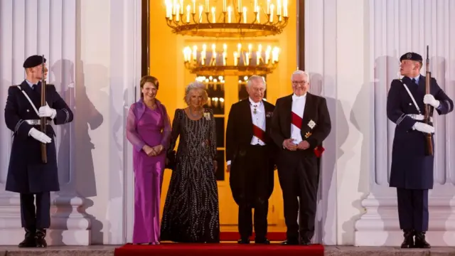 Britain's King Charles and Camilla, the Queen Consort, attend a state banquet with German President Frank-Walter Steinmeier and his wife Elke Buedenbender at Bellevue Palace, in Berlin, Germany, March 29, 2023.