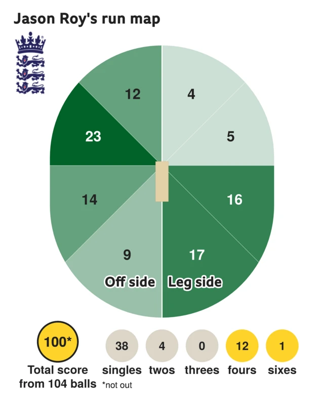 The run map shows Jason Roy scored 100 with 1 six, 12 fours, 4 twos, and 38 singles for England
