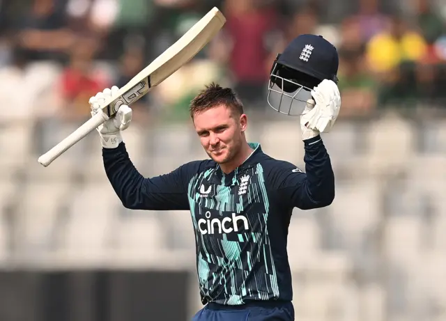 Jason Roy celebrates his century