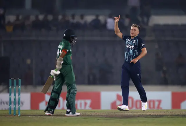 Sam Curran celebrates a wicket that seals England's win over Bangladesh in the second ODI