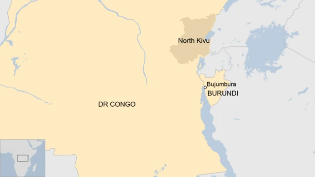 A map showing Burundi, plus DR Congo and North Kivu province.