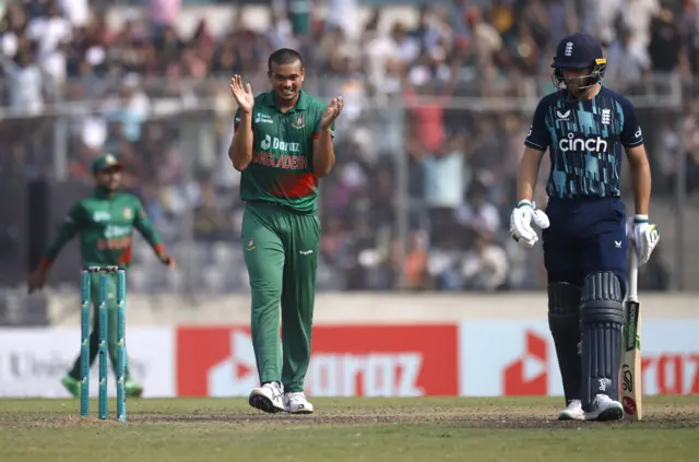 Taskin Ahmed celebrates the wicket of England's Will Jacks
