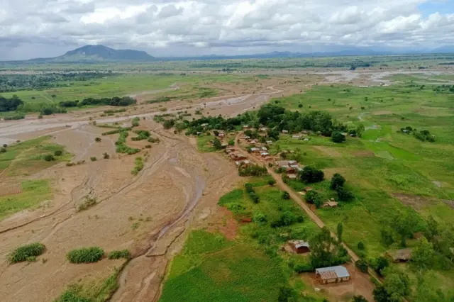 This aerial view shows the path of mudslides