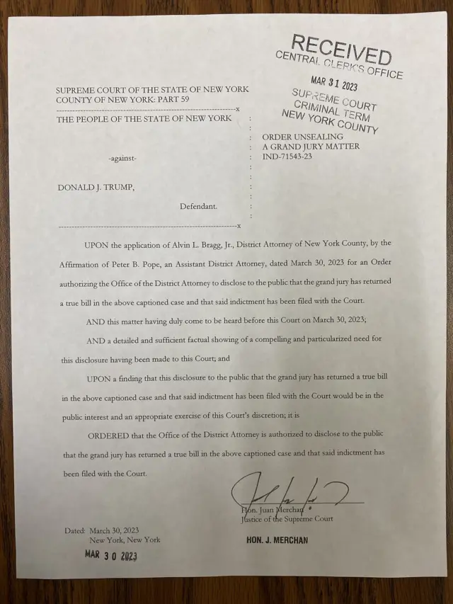 The court order authorising the Manhattan DA to disclose the indictmentent to the public