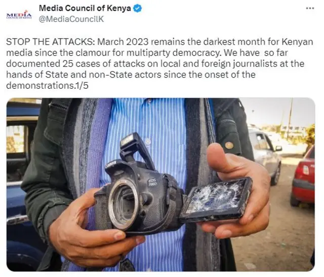 A screenshot of a tweet from the the Media Council of Kenya showing a journalist's smashed camera.