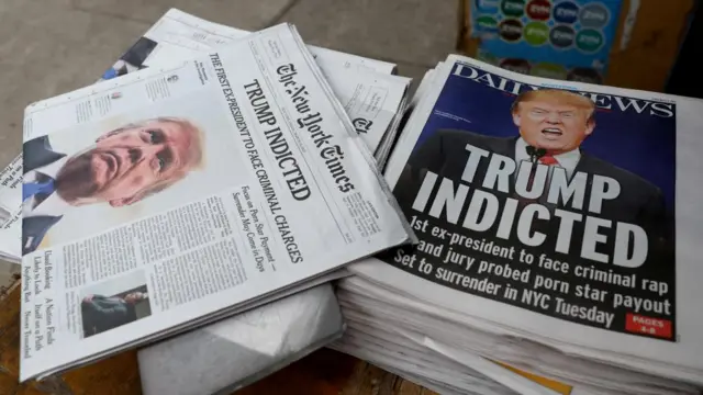 Description New York newspapers are displayed at a newsstand following former U.S. President Donald Trump's indictment