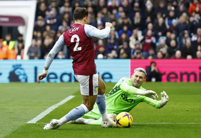 Aston Villa's Matty Cash in action with Crystal Palace's Vicente Guaita