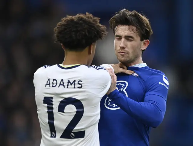 Leeds' Tyler Adams and Chelsea's Ben Chilwell tussle