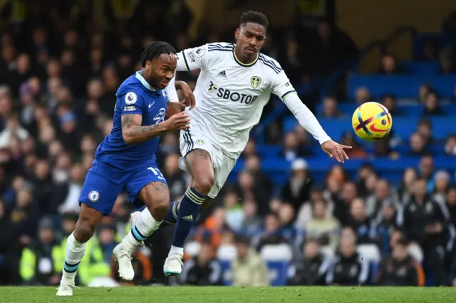 Raheem Sterling battles with Junior Firpo