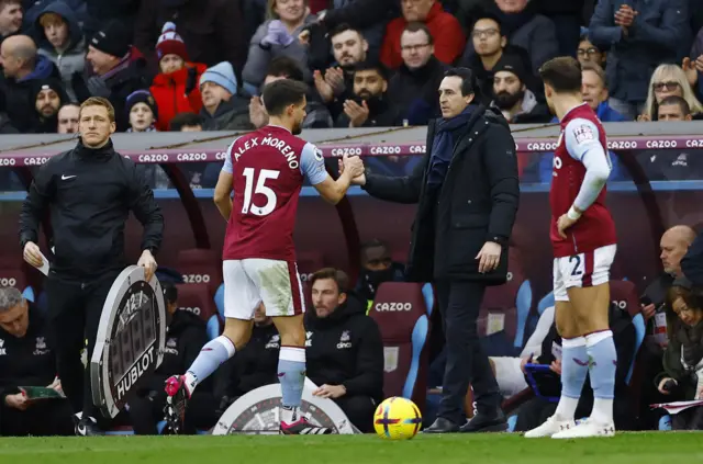 aston villa defender Alex Moreno with manager Unai Emery