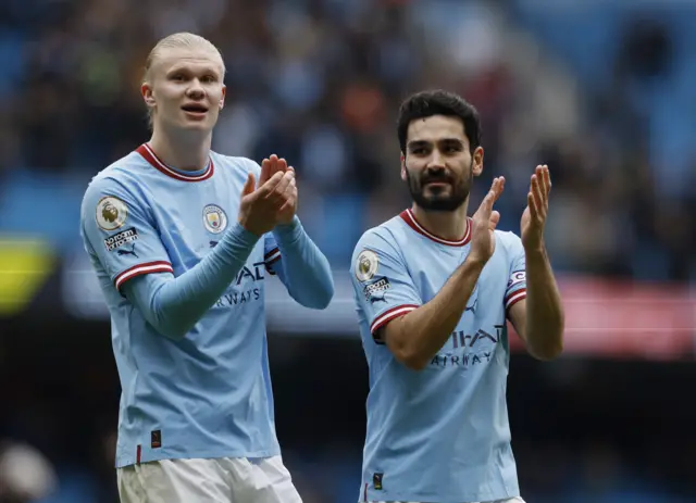 Erling Haaland and Ilkay Gundogan celebrate Manchester City's win over Newcastle