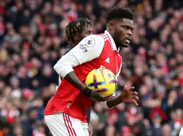 Thomas Partey carries the ball after scoring against Bournemouth