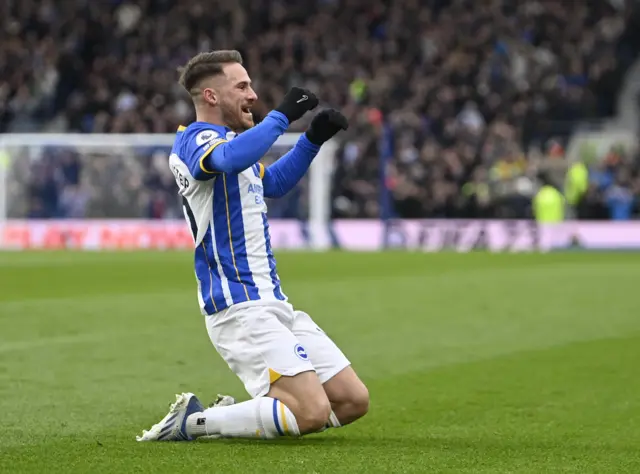 Brighton's Alexis Mac Allister celebrates scoring against West Ham