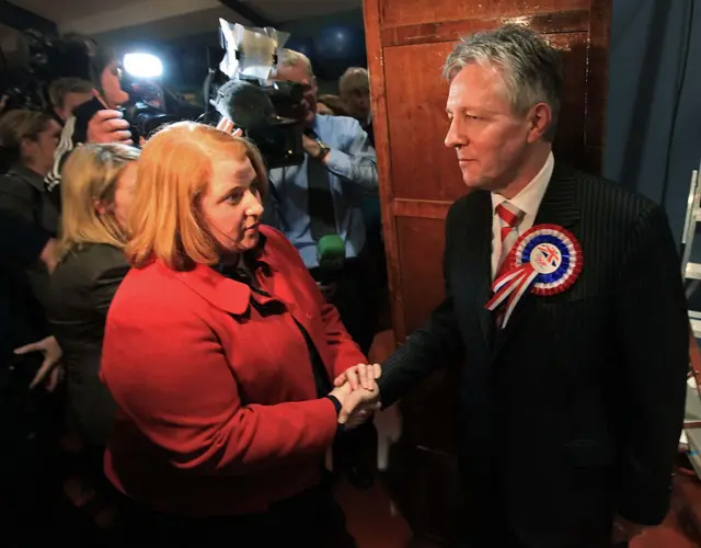 Naomi Long and Peter Robinson shake hands after she defeats him in the general election in 2010