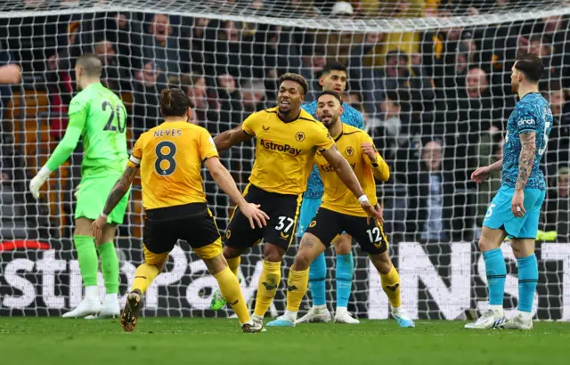 Wolves' Adama Traore celebrates scoring agianst Tottenham