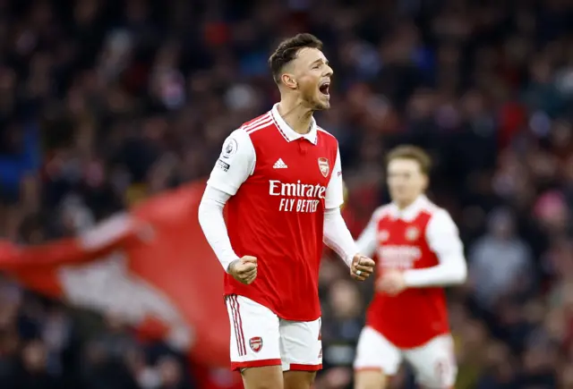 Defender Ben White celebrates scoring for Arsenal