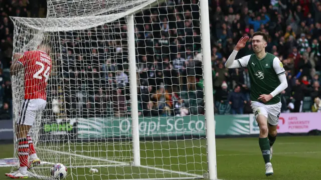 Ryan Hardie celebrates scoring for Plymouth against Charlton