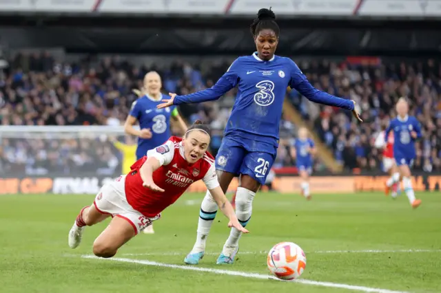 Caitlin Foord of Arsenal is fouled by Kadeisha Buchanan of Chelsea