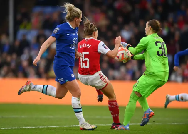 Katie McCabe of Arsenal clashes with Ann-Katrin Berger of Chelsea