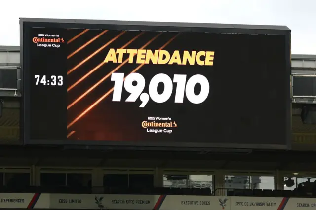 The board shows 19.010 in attendance at the Women's League Cup final between Arsenal and Chelsea at Selhurst Park