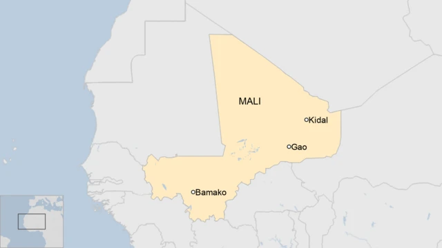 A map of Mali showing the cities of Gao, Kidal and the capita; Bamako.