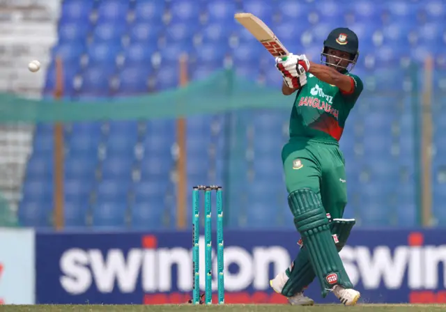 Bangladesh's Najmul Hossain Shanto plays a shot