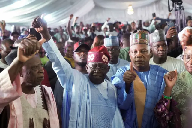 Bola Ahmed Tinubu reacts after he was declared winner in Nigeria's presidential election