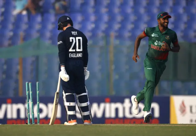 England's Jason Roy walks after losing his wicket to Bangladesh's Shakib Al Hasan