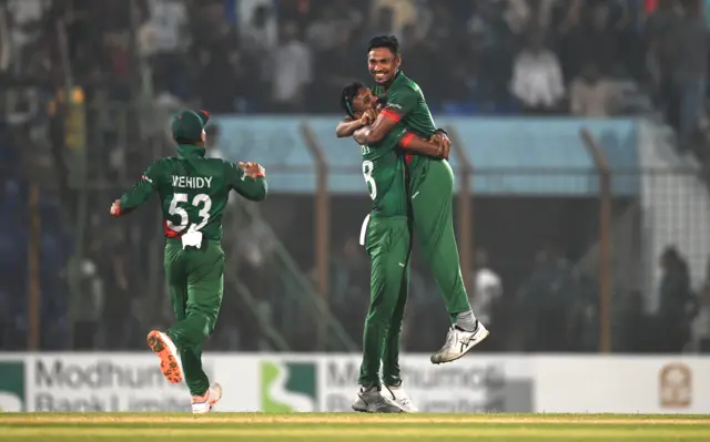 Bangladesh bowler Mustafizur Rahman celebrates with team mates after catching Chris Woakes off his own bowling to win the game during the 3rd ODI between Bangladesh and England at Zahur Ahmed Chowdhury Stadium